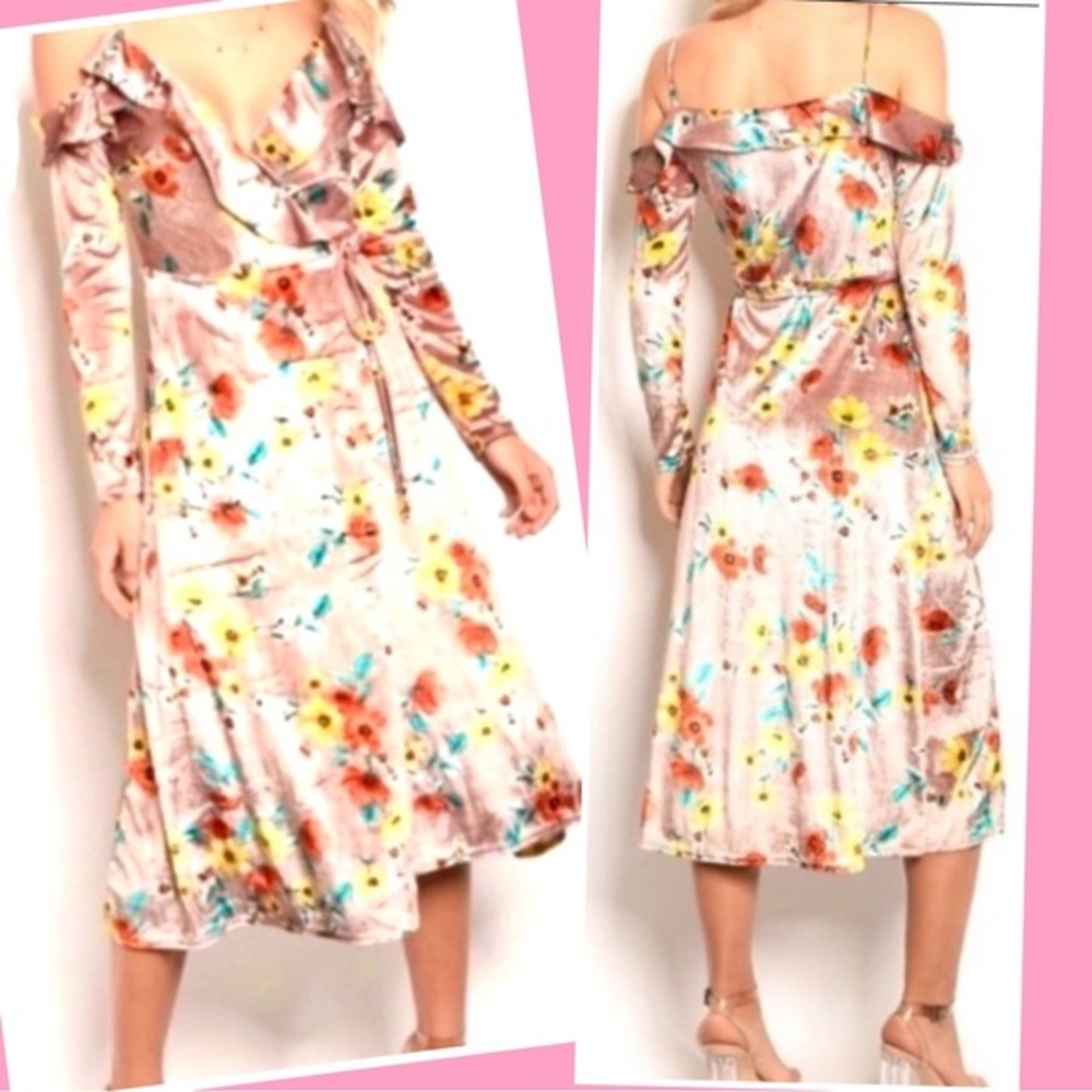 ✨HP✨NEW LUSCIOUS VELVET FLORAL COLD SHOULDER SLIP WRAP DRESS✨LONG SLEEVE‎ - Picture 2 of 10